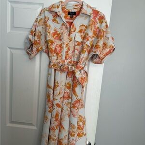 Ella Vibrant Floral Midi Dress - Orange and Cream